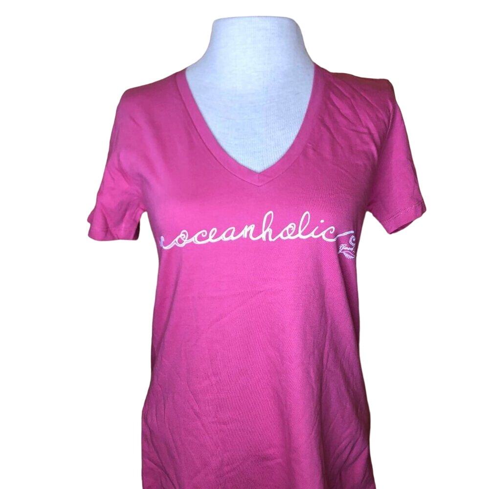 Beach Shirt Oceanaholic Pink V-Neck Short Sleeve Graphic Tee New S